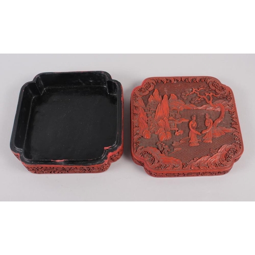 145 - A Chinese carved cinnabar lacquered box, decorated figures in a garden