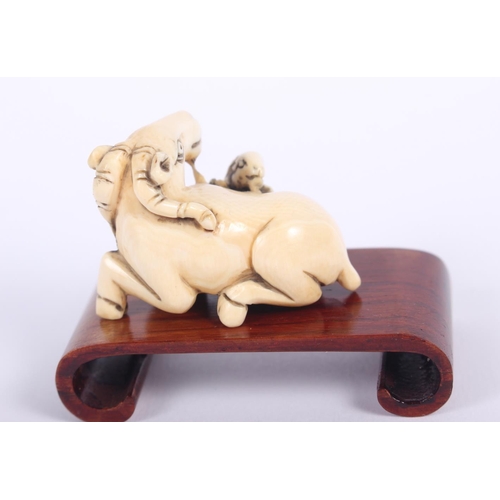 152 - A Japanese carved ivory netsuke, formed as a recumbent goat and rabbit, signature to underside, 1 1/... 