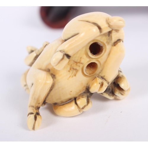 152 - A Japanese carved ivory netsuke, formed as a recumbent goat and rabbit, signature to underside, 1 1/... 