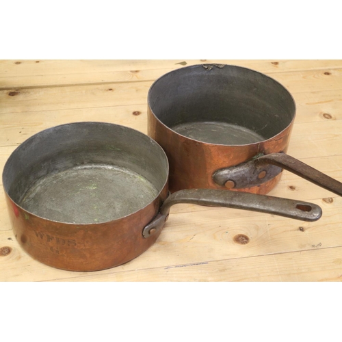 195 - Two 19th century copper saucepans with wrought iron handles, 10