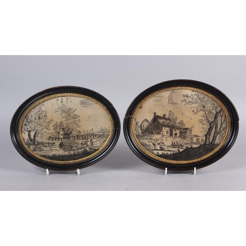 245 - Two early 19th century black thread oval panels, landscapes with figures, 6 3/4