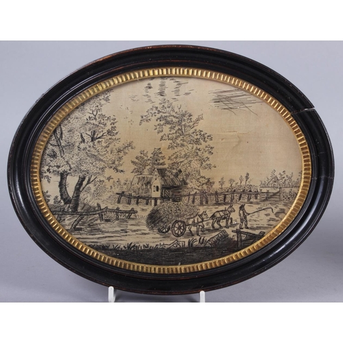 245 - Two early 19th century black thread oval panels, landscapes with figures, 6 3/4