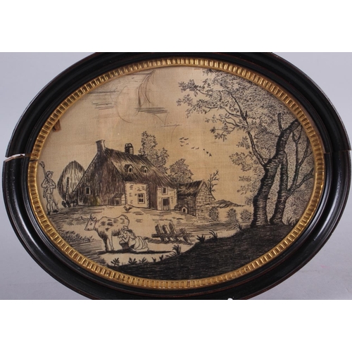 245 - Two early 19th century black thread oval panels, landscapes with figures, 6 3/4