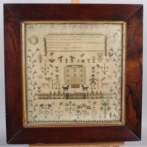 247 - An early 19th century embroidered sampler with figures, building, fence and plants, by Sara Lodwick ... 