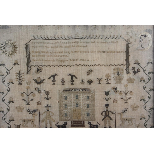 247 - An early 19th century embroidered sampler with figures, building, fence and plants, by Sara Lodwick ... 