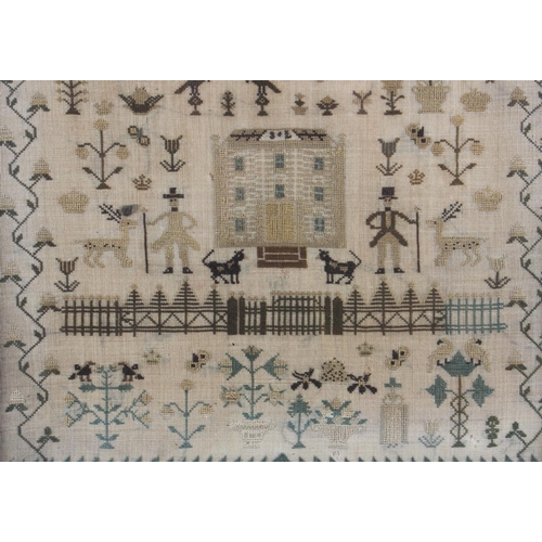 247 - An early 19th century embroidered sampler with figures, building, fence and plants, by Sara Lodwick ... 