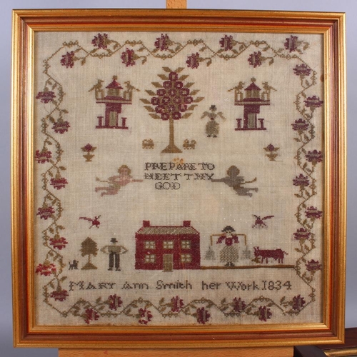 248 - An early 19th century sampler, cottage, figures and animals, by Mary Ann Smith 1834, 15