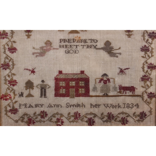 248 - An early 19th century sampler, cottage, figures and animals, by Mary Ann Smith 1834, 15