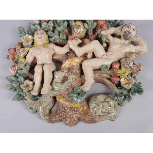 27 - A studio pottery panel of Adam, Eve and the serpent, 15