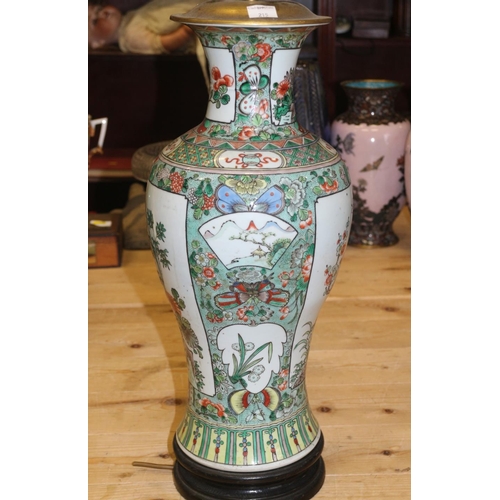 289 - A Chinese famille vert baluster base, now converted as a table lamp, 26