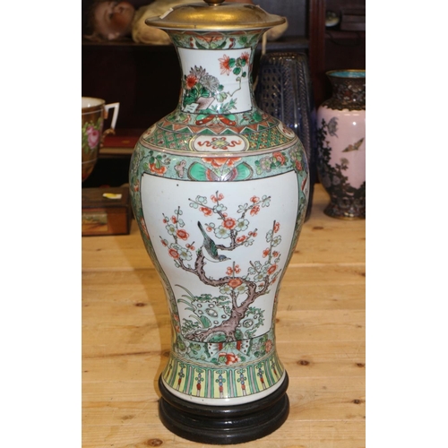 289 - A Chinese famille vert baluster base, now converted as a table lamp, 26