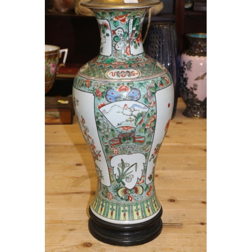 289 - A Chinese famille vert baluster base, now converted as a table lamp, 26