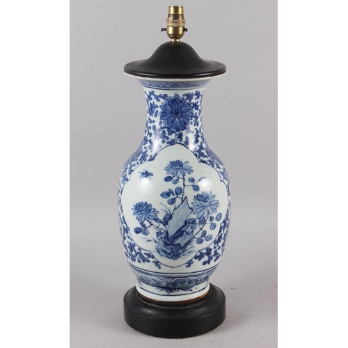 290 - A Chinese blue and white baluster shaped table lamp, 12 1/2