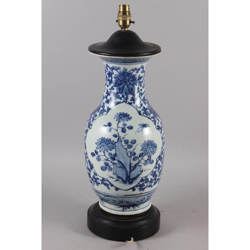 290 - A Chinese blue and white baluster shaped table lamp, 12 1/2