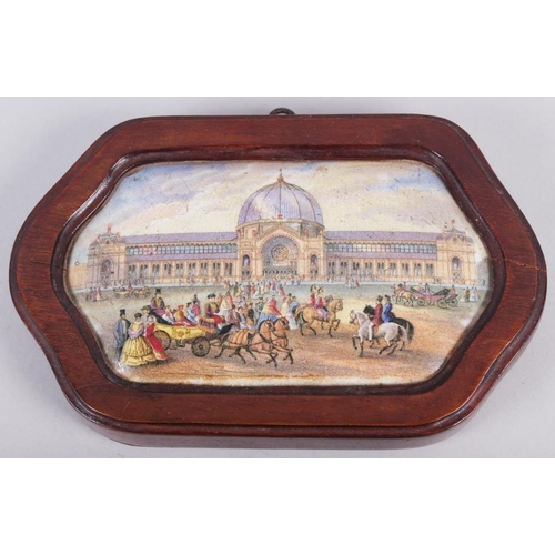 30 - Two 19th century shaped pot lids, 1861 exhibition and cavaliers in a garden, in mahogany frames, 7