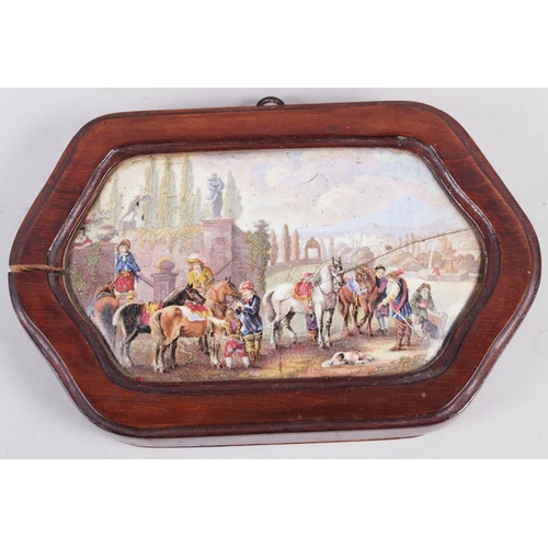 30 - Two 19th century shaped pot lids, 1861 exhibition and cavaliers in a garden, in mahogany frames, 7