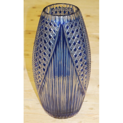 57 - A 1950s blue overlaid cut and engraved glass vase with orthodox Madonna figure, 14 1/2