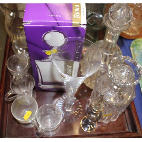 79 - A Victorian cut glass claret jug, three decanters, four custard cups and other glassware