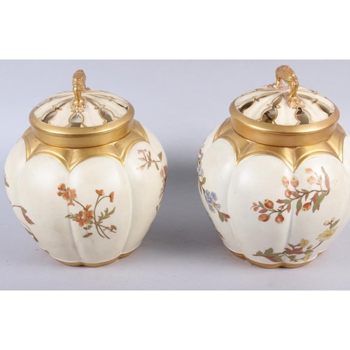 85 - A Royal Worcester blush ivory pot pourri pot and cover and a similar companion, 7 1/2