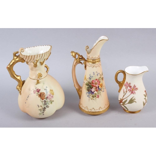 87 - Three Royal Worcester blush ivory jugs, decorated floral sprays, largest 8 1/4