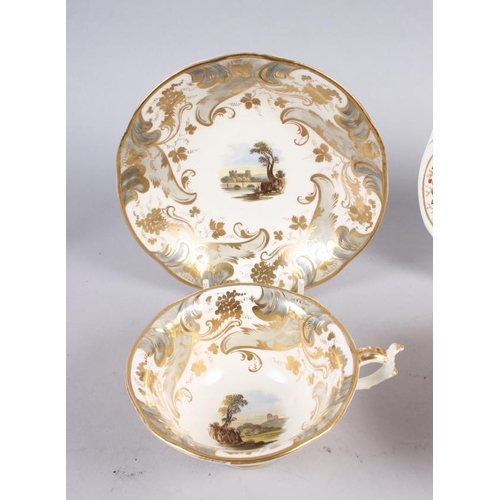 9 - A Rockingham teacup and saucer with grey and gilt decoration and landscape centre, and two other sim... 