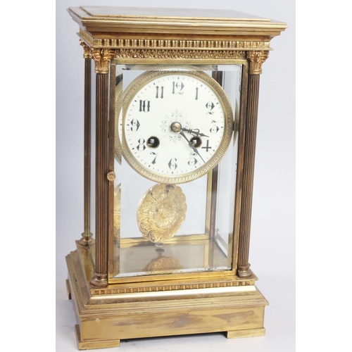 165 - A brass cased four glass mantel clock with white enamel dial and Arabic numerals, on stepped base, 1... 