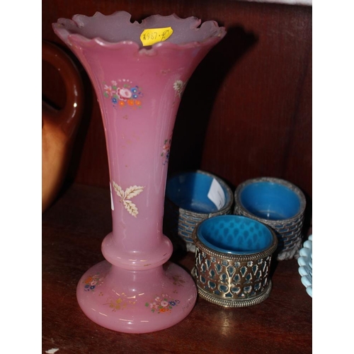 77 - Five pieces of Sowerby pressed glass, a pair of salts and a pink coloured glass vase with floral dec... 