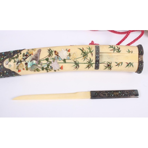 159 - A Japanese Meiji period ivory cased dagger (Aikuchi-Tanto) with Shibayama inlaid decoration and enam... 