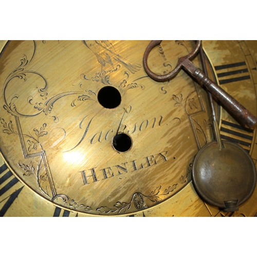 183 - A Jackson of Henley long case clock face with gilt dial, Roman numerals with key, pendulum and weigh... 