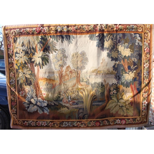 240 - An Aubusson verdure tapestry panel with cottage and castle, 46