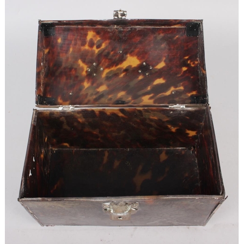 258 - A tortoiseshell and white metal mounted box with carrying handle, 7 1/2