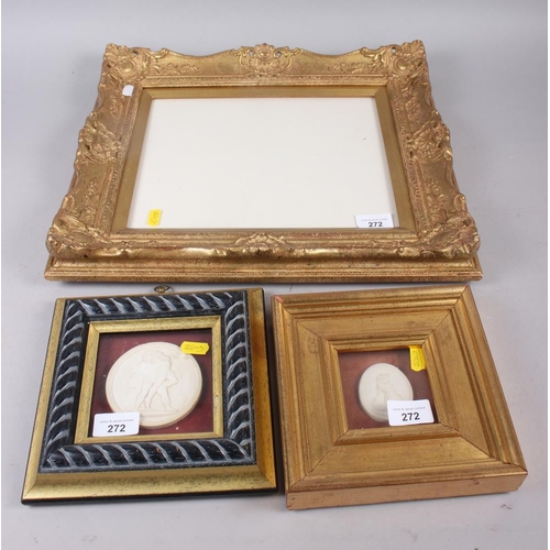 272 - Two Grand Tour style plaster cameos, in gilt frames, and an ornate gilt picture frame