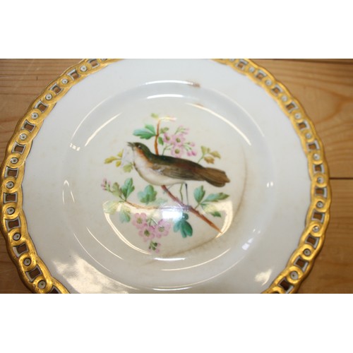 100 - Four 19th century hand-painted tazzas, decorated birds, three matching plates and a miniature dinner... 