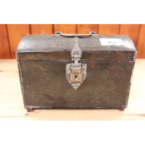 258 - A tortoiseshell and white metal mounted box with carrying handle, 7 1/2