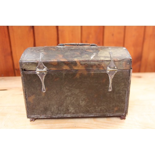 258 - A tortoiseshell and white metal mounted box with carrying handle, 7 1/2