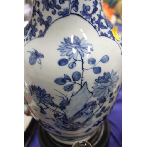 290 - A Chinese blue and white baluster shaped table lamp, 12 1/2