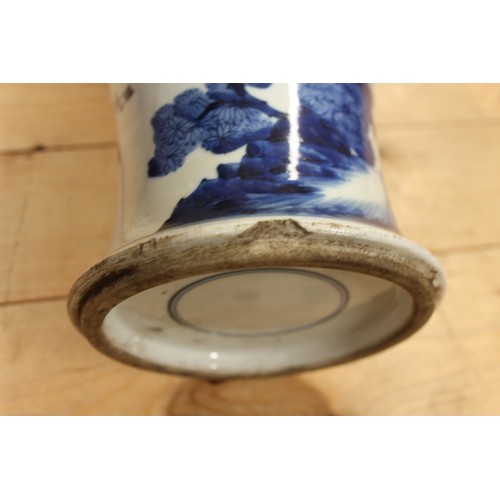 116 - A 19th century Chinese blue and white baluster vase, decorated warriors on horseback, 19 1/2