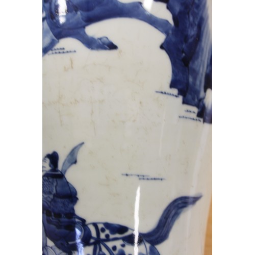 116 - A 19th century Chinese blue and white baluster vase, decorated warriors on horseback, 19 1/2