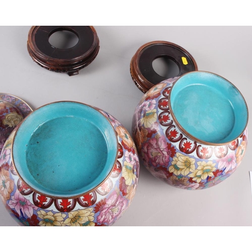 105 - A pair of cloisonne jars and covers, on hardwood stands, 12