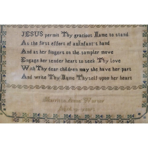 162 - A 19th century sampler, worked by Marritte Anne Warner Aged 13, 12 1/2