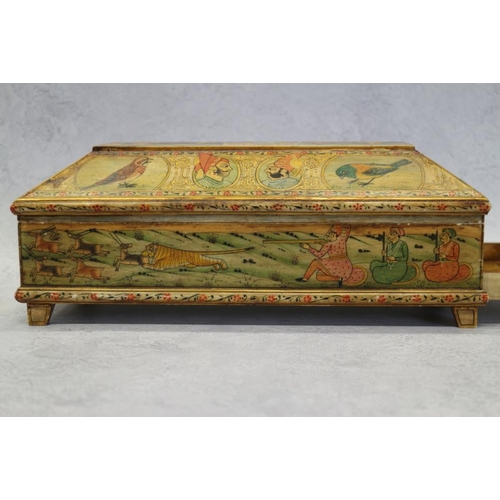 191 - A Mogul design painted bone trinket box with fitted interior and pull-out drawer, on bracket feet, d... 