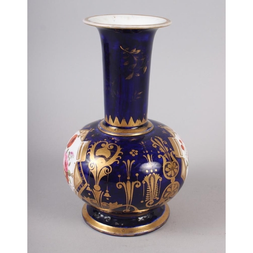 25 - A 19th century bone china bulbous vase, decorated with panels of flower on a blue and gilt ground, 8... 