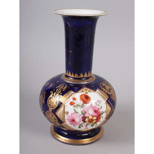 25 - A 19th century bone china bulbous vase, decorated with panels of flower on a blue and gilt ground, 8... 