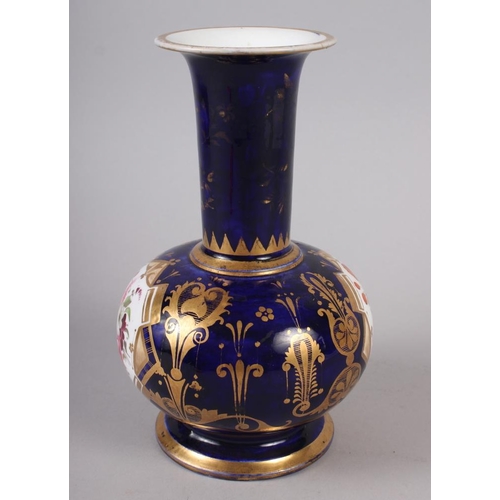 25 - A 19th century bone china bulbous vase, decorated with panels of flower on a blue and gilt ground, 8... 