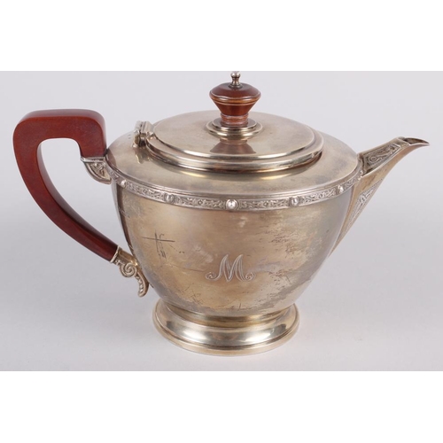 290 - A silver teapot with fruitwood handle and knop, 16oz troy approx