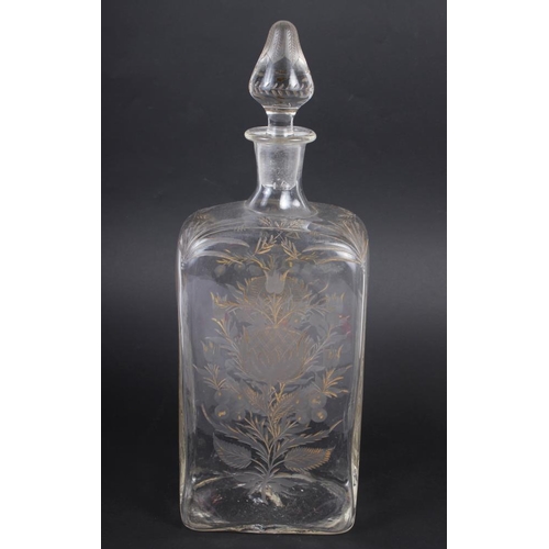 50 - A circa 18th century etched and gilt decanter and stopper with thistle engravings