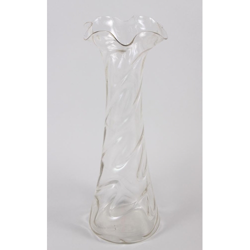 68 - An antique spiral fluted glass vase with floral rim, 16 1/2