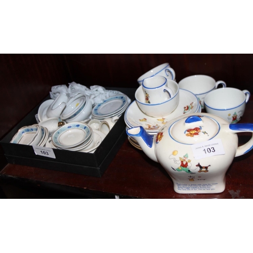 76 - A doll's miniature blue and gilt decorated dinner service and a child's 1930s part teaset