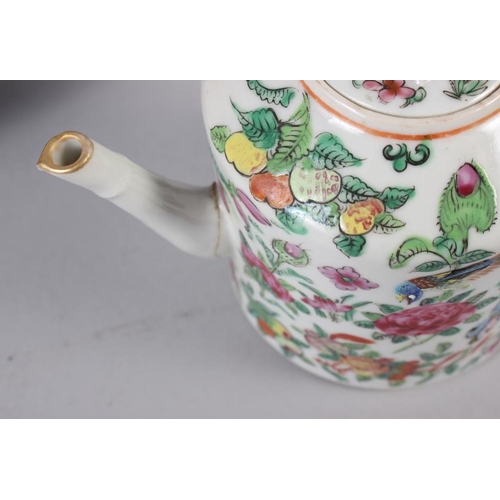 99 - A famille rose teapot, decorated figures, flowers and birds with matched lid, 7