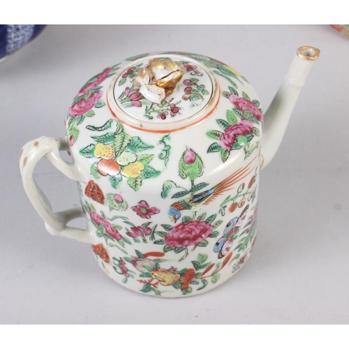 99 - A famille rose teapot, decorated figures, flowers and birds with matched lid, 7